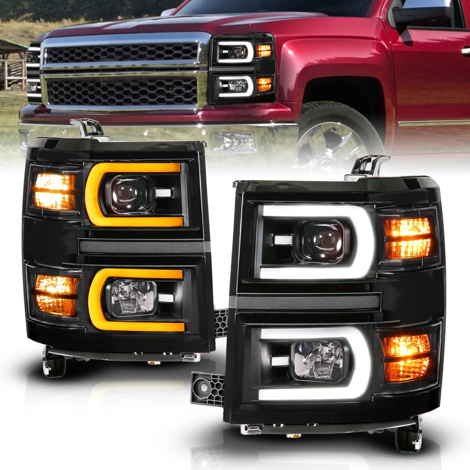 Anzo 14-15 Chevy Silverado 1500 Black Dual Switchback+Sequential LED Tube Sq. Projector Headlights - 111617 for 2014-2015 Che