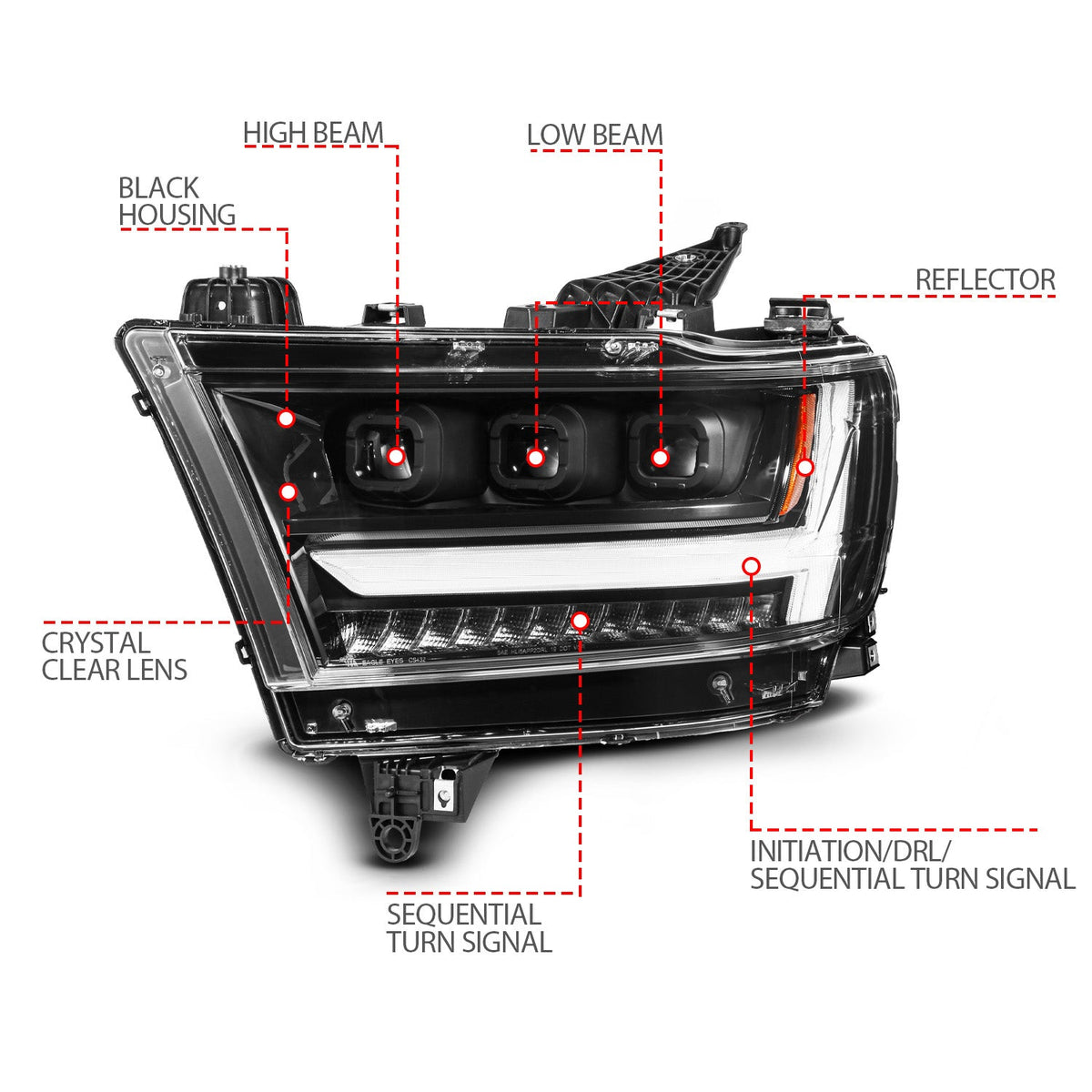 RAM 1500 (NEW BODY) 19-24 FULL LED PROJECTOR LIGHT BAR HEADLIGHTS BLACK W/ INITIATION & SEQUENTIAL (FOR HALOGEN MODELS ONLY)