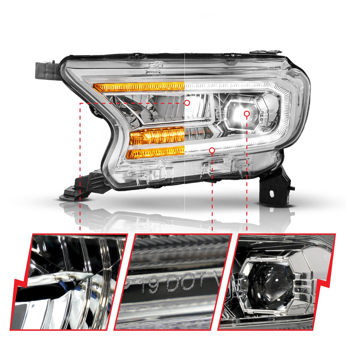 FORD RANGER 19-23 FULL LED PROJECTOR HEADLIGHTS CHROME W/ INITIATION & SEQUENTIAL (FOR FACTORY HALOGEN MODEL)