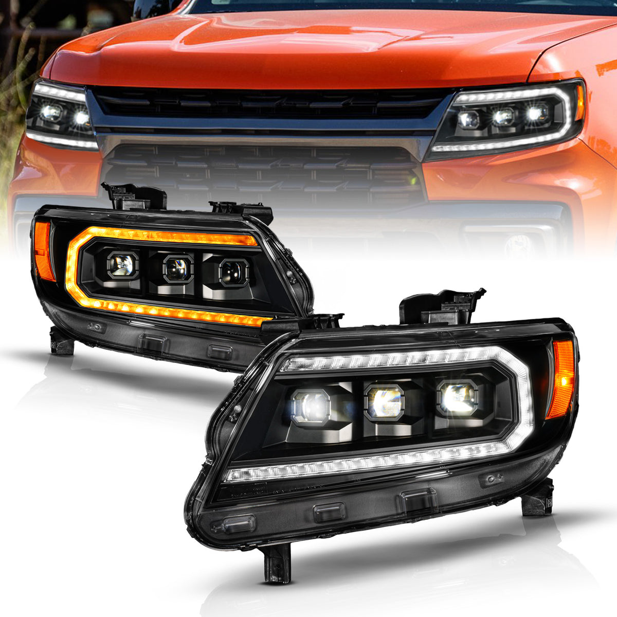 ANZO 15-22 Chevy Colorado Blk Housing Full LED DRL Projector Headlight w/ Sequential Light Bar - 111634 for 2015-2022 Chevrol