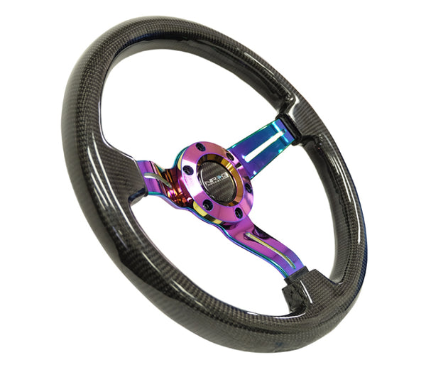 NRG Carbon Fiber Steering Wheel (350mm / 1.5in. Deep) Neochrome 3-Spoke Design w/Slit Cuts - ST-010MC-CF - front view
