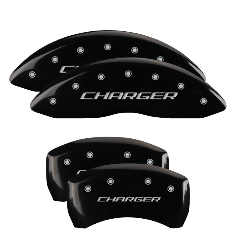 MGP 4 Caliper Covers Engraved Front &amp; Rear Block/Charger Black finish silver ch - 12001SCHBBK