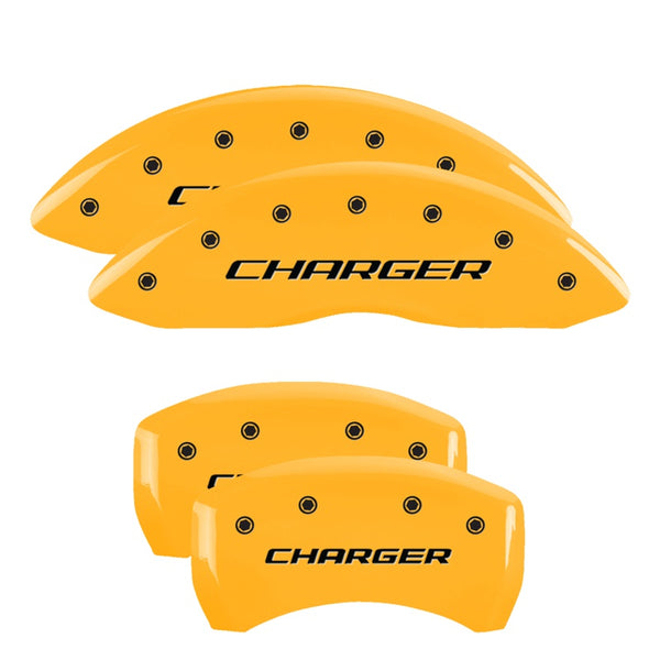 MGP 4 Caliper Covers Engraved Front &amp; Rear Block/Charger Yellow Finish Black Char 2006 Dodge Charger - 12001SCHBYL