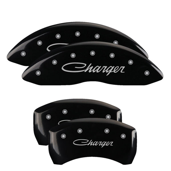 MGP 4 Caliper Covers Engraved Front &amp; Rear Cursive/Charger Black finish silver ch - 12005SCHSBK