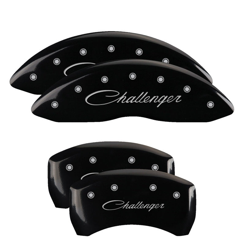 MGP 4 Caliper Covers Engraved Front &amp; Rear Cursive/Challenger Black finish silver ch - 12005SCLSBK