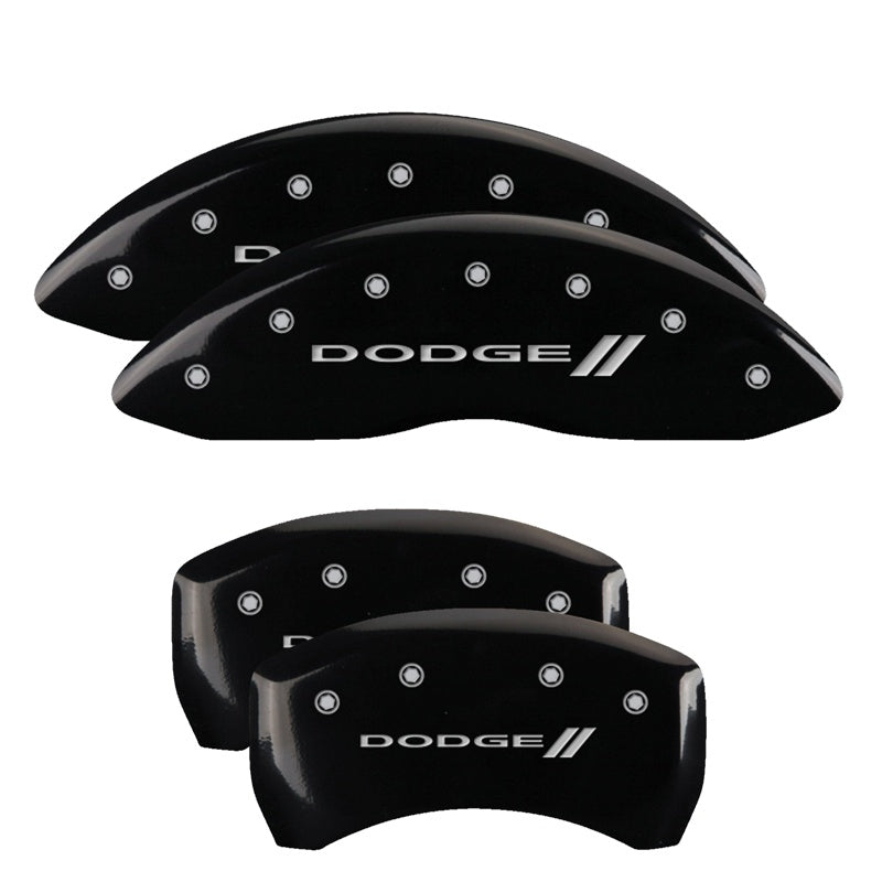 MGP 4 Caliper Covers Engraved Front &amp; Rear With stripes/Dodge Black finish silver ch - 12005SDD3BK