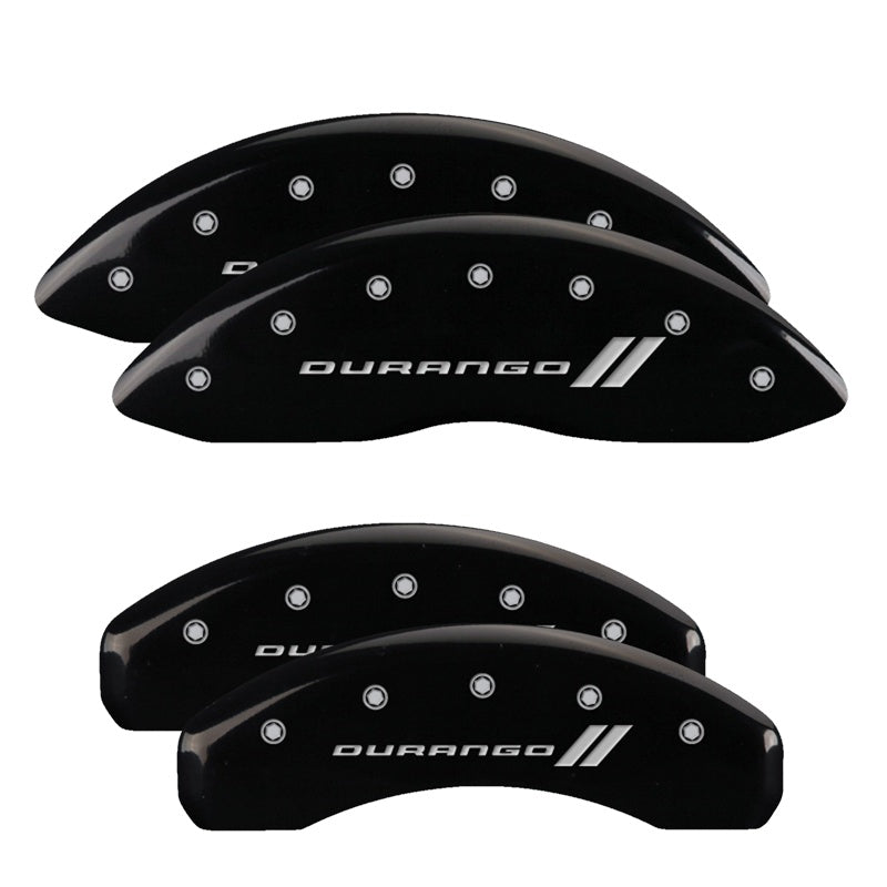 MGP 4 Caliper Covers Engraved Front &amp; Rear With stripes/Durango Black finish silver ch - 12043SDGOBK
