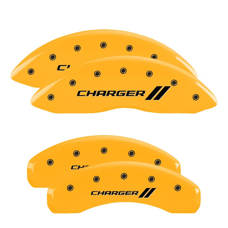 MGP 4 Caliper Covers Engraved Front &amp; Rear With stripes/Charger Yellow finish black ch - 12088SCH1YL