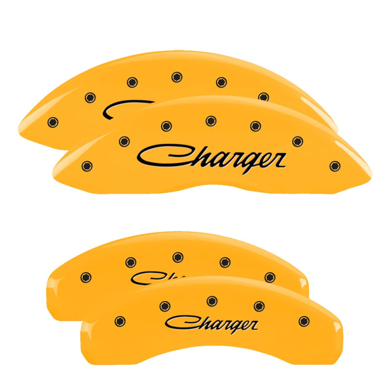 MGP 4 Caliper Covers Engraved Front &amp; Rear Cursive/Charger Yellow finish black ch - 12088SCHSYL