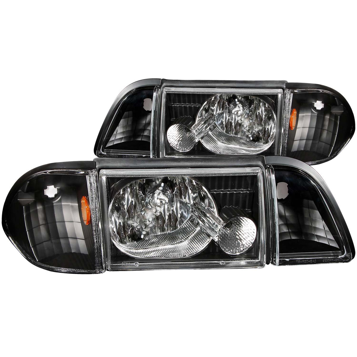 ANZO 1987-1993 Ford Mustang Crystal Headlights Black w/ Corner Lights 3pc - 121192 for 1987-1993 Ford Mustang - front view