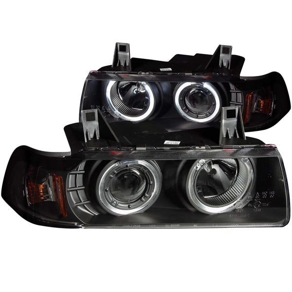 ANZO 1992-1998 BMW 3 Series E36 Projector Headlights w/ Halo Black G2 1 pc - 121325 for 1992-1999 BMW 3 Series - front view