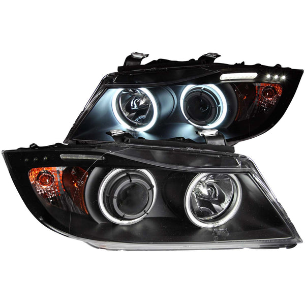 ANZO 2006-2008 BMW 3 Series E90-E91 Projector Headlights w/ Halo w/ LED Bar Black (CCFL) - 121335 for 2006-2008 BMW 3 Series 