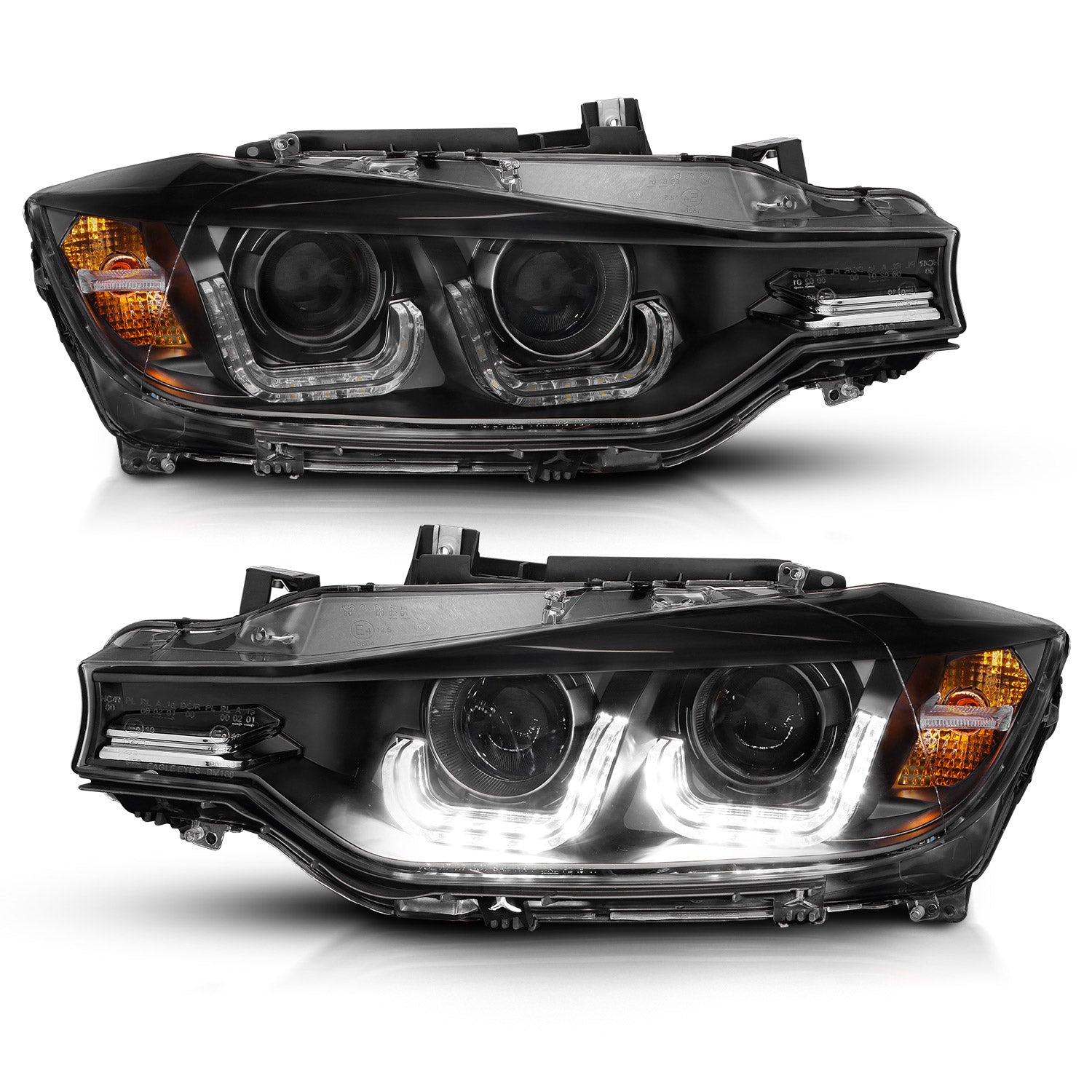 ANZO 2012-2015 BMW 3 Series Projector Headlights w/ U-Bar Black - 121504 for 2012-2015 BMW 3 Series - front view
