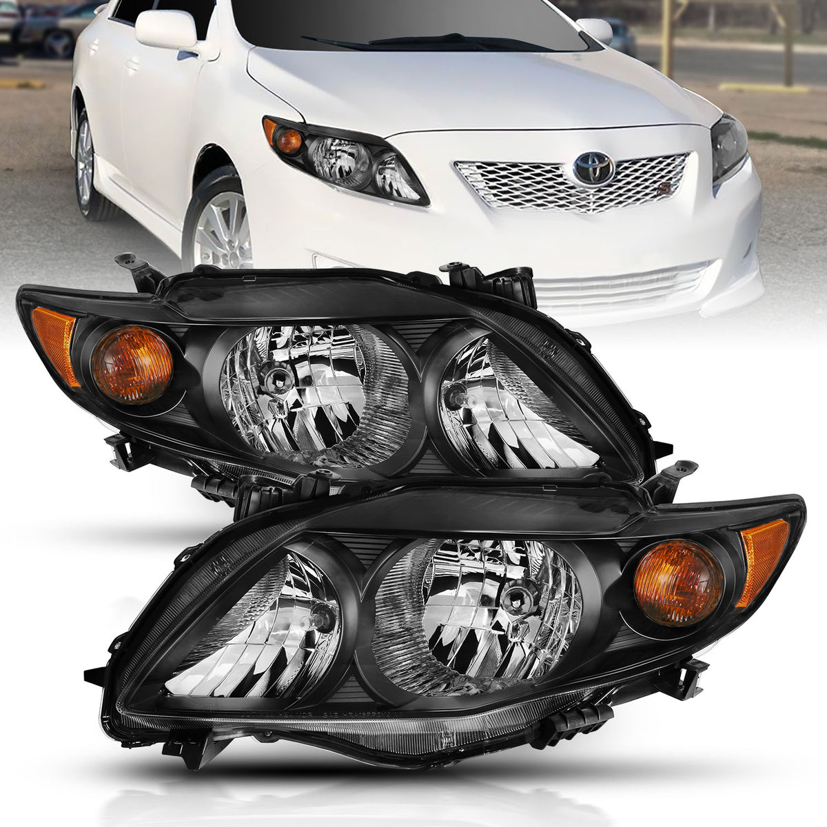 ANZO 2009-2010 Toyota Corolla Crystal Headlight Black Amber - 121541