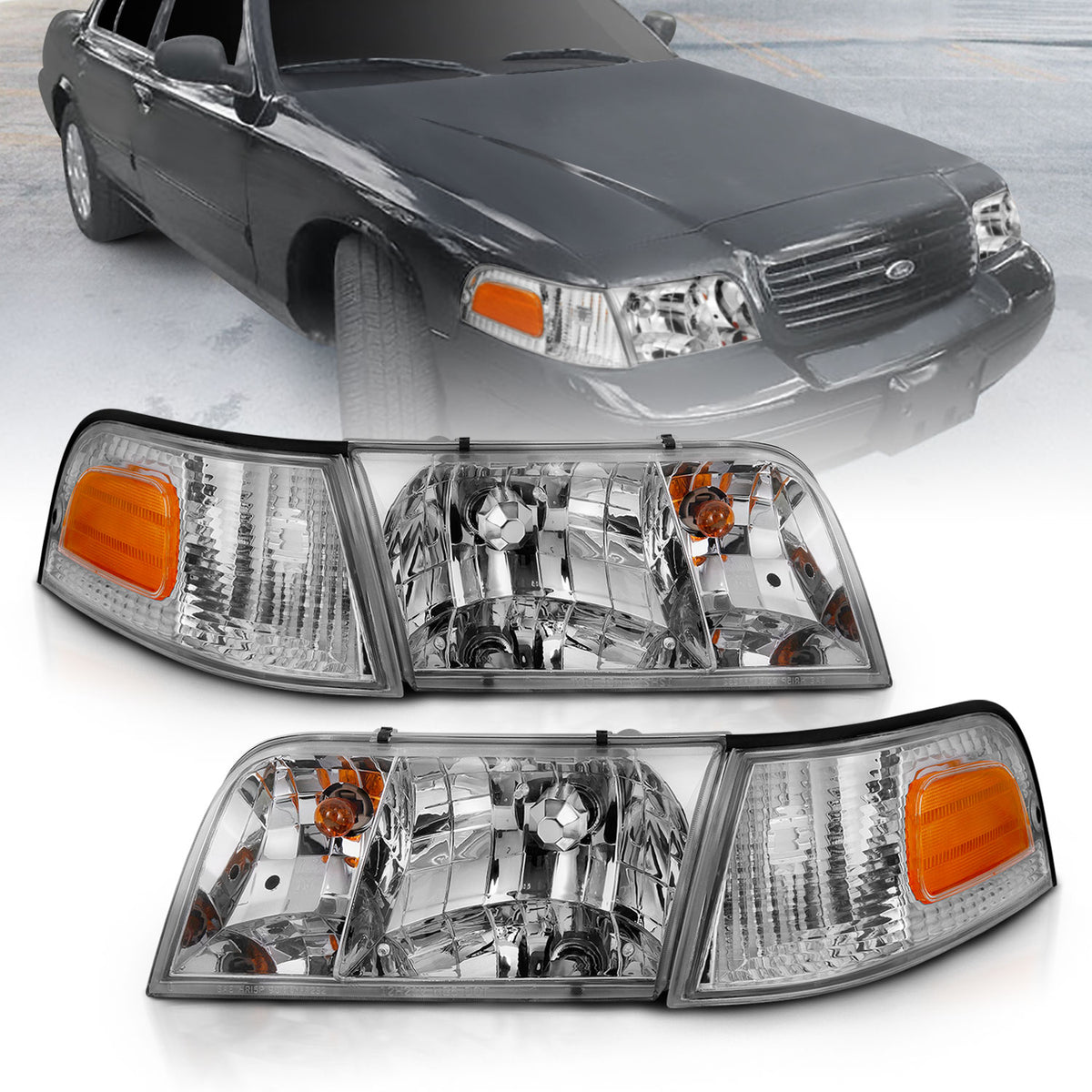 ANZO 1998-2005 Ford Crown Victoria Crystal Headlight Chrome With Bumper Light (OE) - 121556