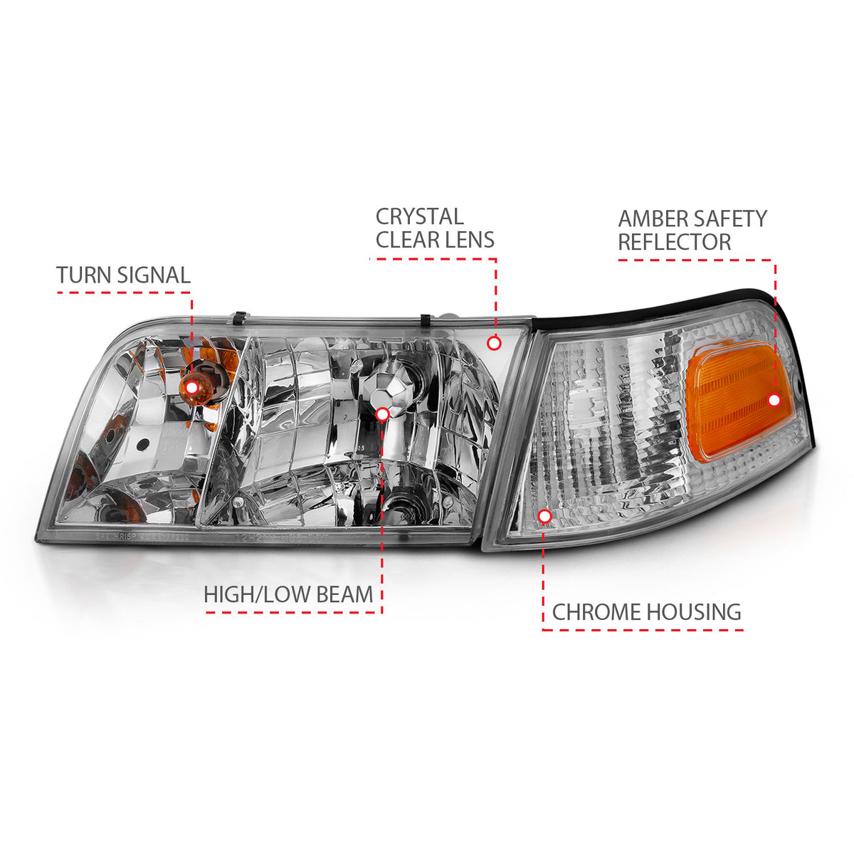 ANZO 1998-2005 Ford Crown Victoria Crystal Headlight Chrome With Bumper Light (OE) - 121556