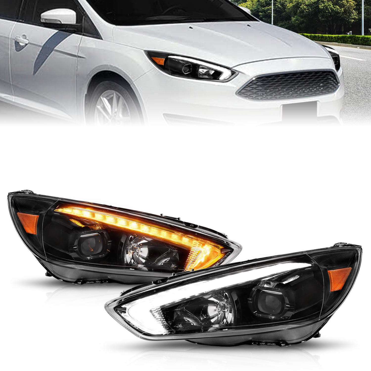 ANZO 15-18 Ford Focus Projector Headlights - w/ Light Bar Switchback Black Housing - 121564 for 2015-2018 Ford Focus - front 
