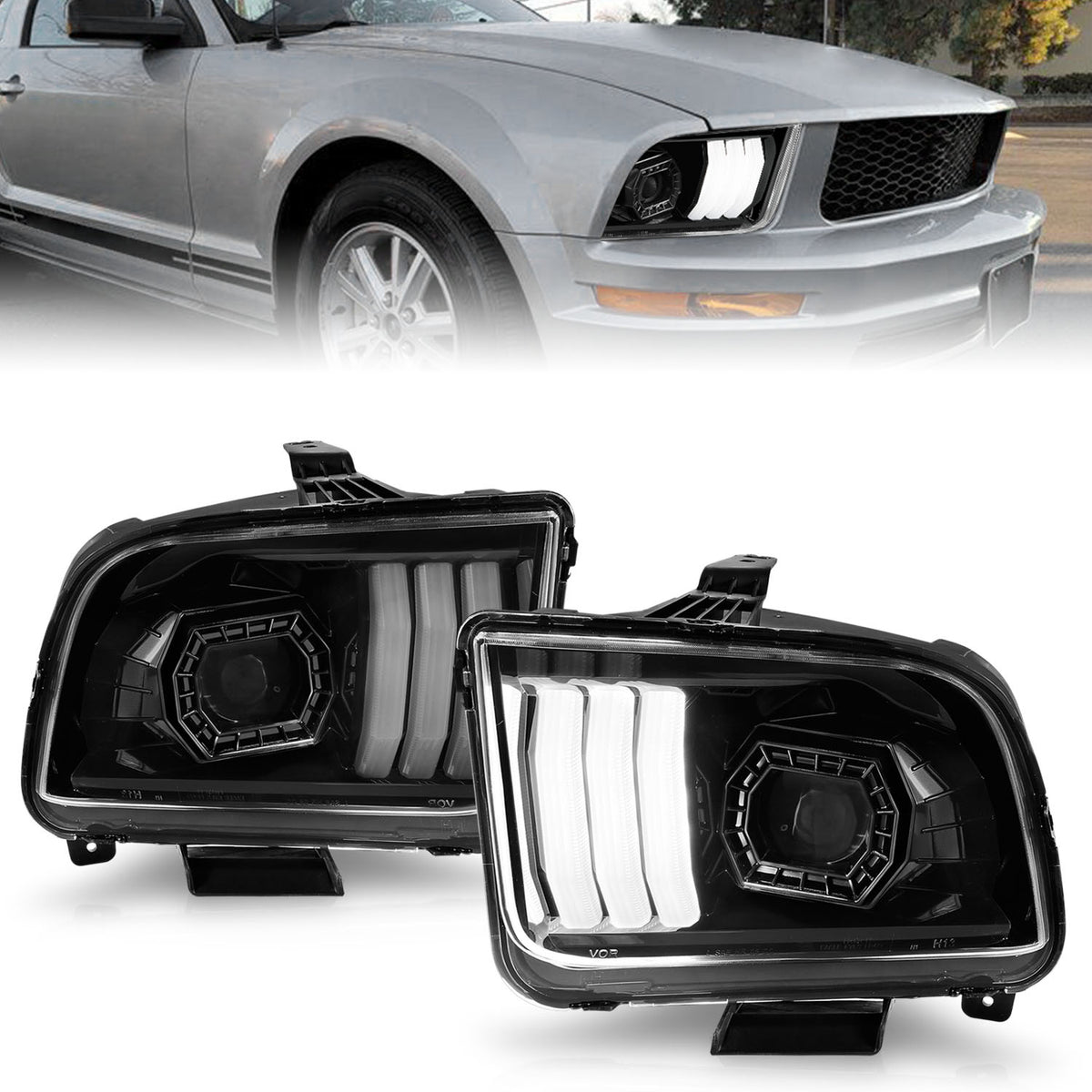 ANZO 05-09 Ford Mustang (w/Factory Halogen HL Only) Projector Headlights w/Light Bar Black Housing - 121566 for 2005-2009 For