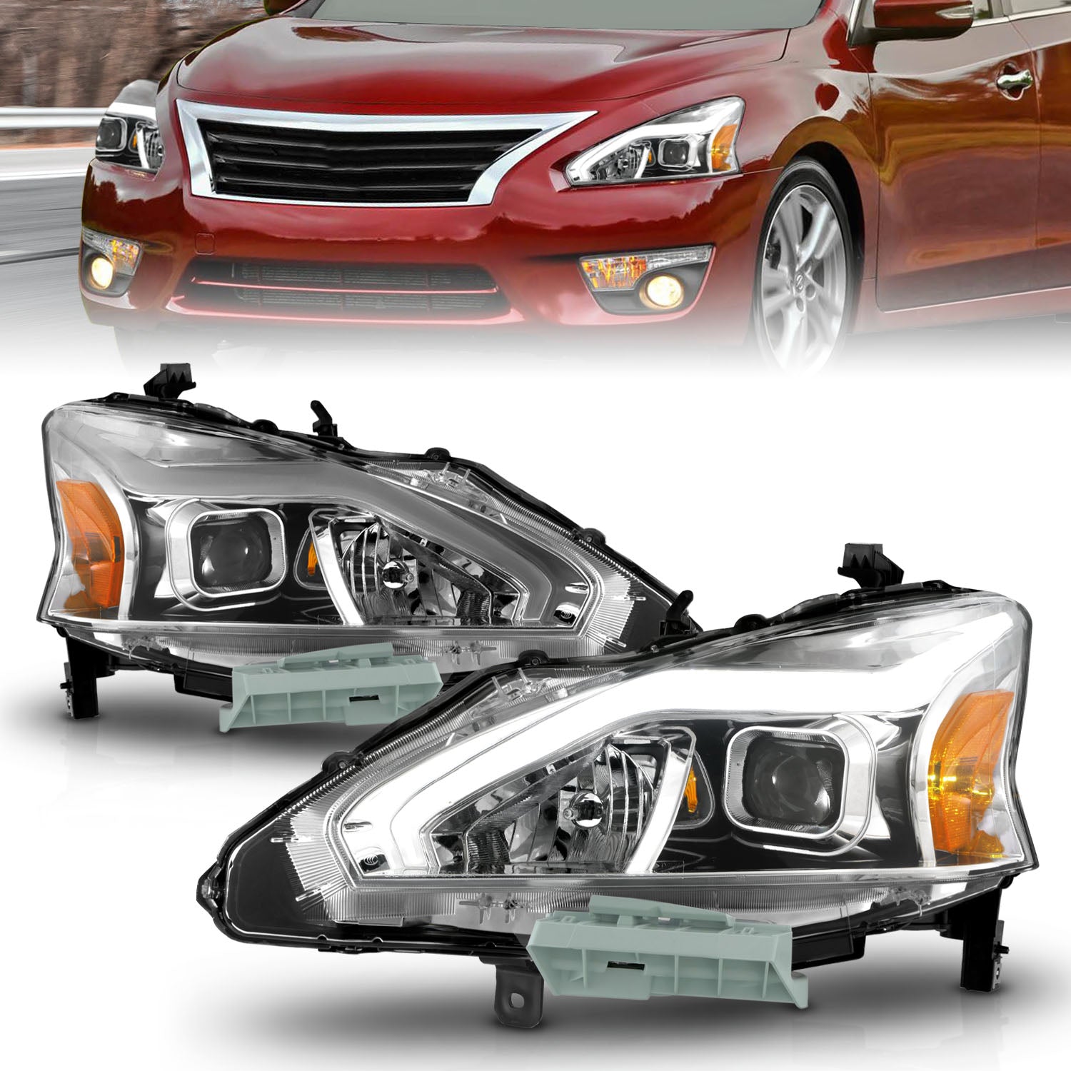 ANZO 13-15 Nissan Altima (w/o Factory HID Bulbs) Projector Headlights - w/ Light Bar Chrome Housing - 121570 for 2013-2015 Ni