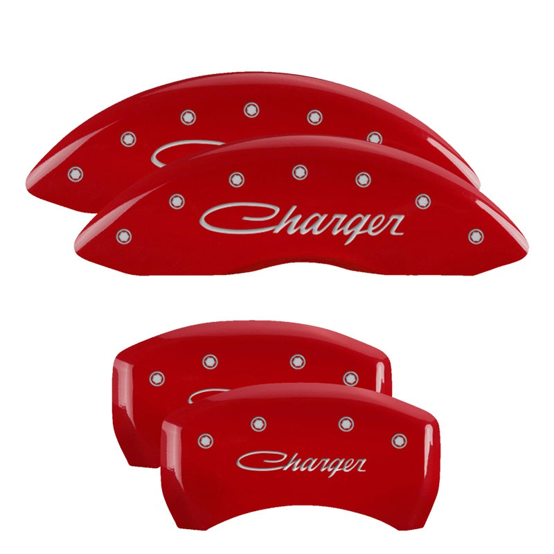 MGP 4 Caliper Covers Engraved Front &amp; Rear Cursive/Charger Red finish silver ch - 12181SCHSRD
