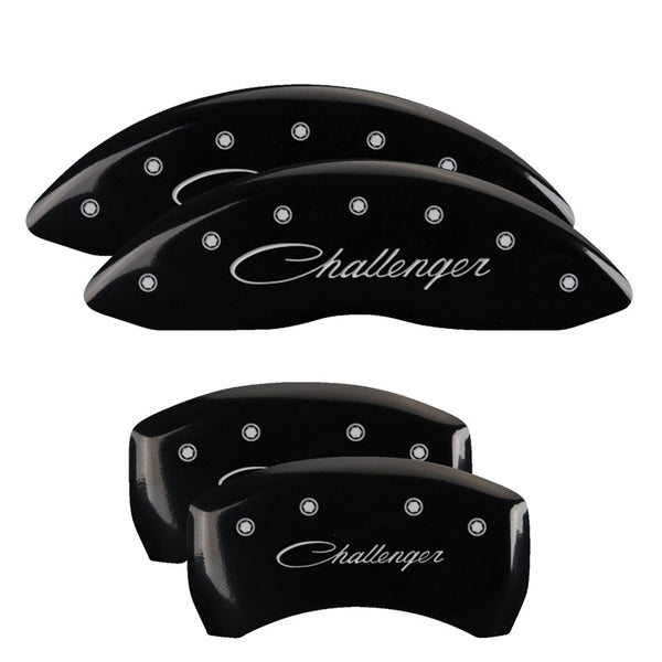 MGP 4 Caliper Covers Engraved Front &amp; Rear Cursive/Challenger Black finish silver ch - 12181SCLSBK