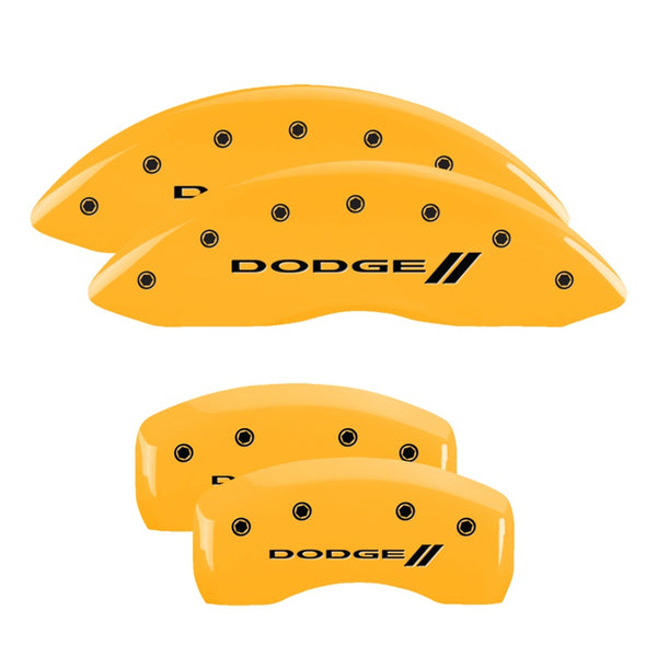 MGP 4 Caliper Covers Engraved Front &amp; Rear With stripes/Dodge Yellow finish black ch - 12192SDD3YL
