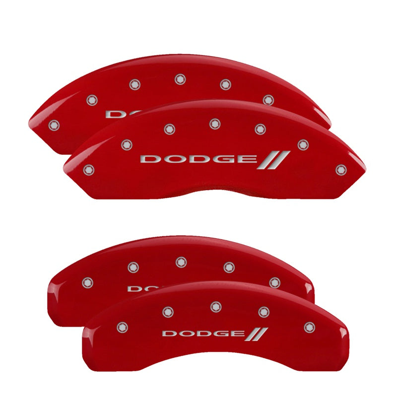 MGP 4 Caliper Covers Engraved Front &amp; Rear With stripes/Dodge Red finish silver ch - 12200SDD3RD