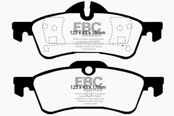 EBC 04-06 Mini Hardtop 1.6 Ultimax2 Rear Brake Pads - UD1060 for 2004-2015 Mini Cooper - front view