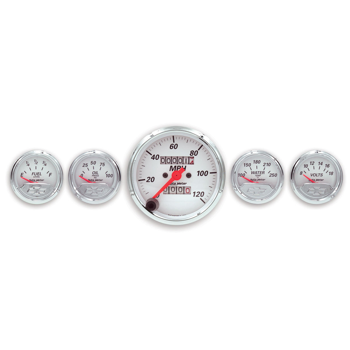 Autometer Arctic White GM 5 Pc Kit Box w/ Mech Speedo, Elec Oil Press, Water Temp, Volt, Fuel Level - 1300-00408