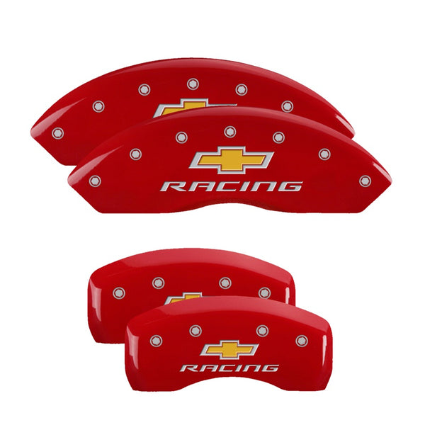 MGP 4 Caliper Covers Engraved Front &amp; Rear Chevy racing Red finish silver ch - 13007SBRCRD