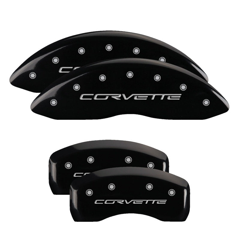 MGP 4 Caliper Covers Engraved Front &amp; Rear C6/Corvette Black finish silver ch - 13008SCV6BK