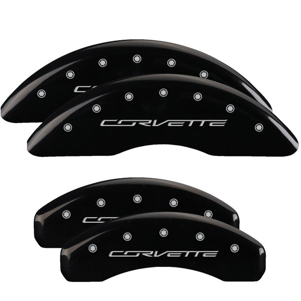 MGP 4 Caliper Covers Engraved Front &amp; Rear C7/Corvette Black finish silver ch - 13084SCV7BK