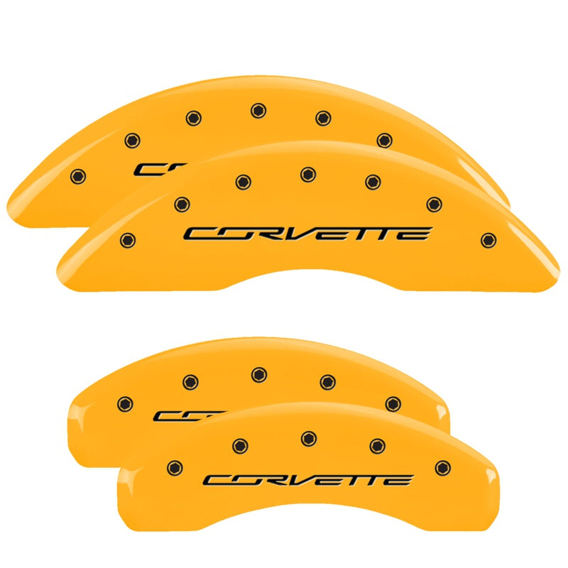 MGP 4 Caliper Covers Engraved Front &amp; Rear C7/Corvette Yellow finish black ch - 13084SCV7YL