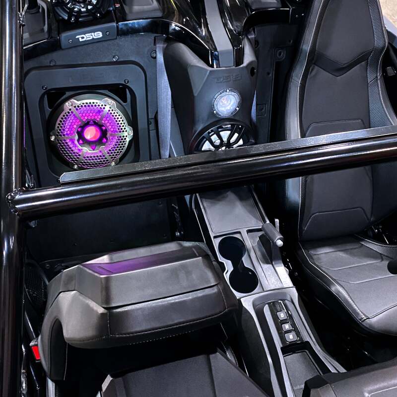 DS18 2015+ Polaris Slingshot Rear Subwoofer Enclosure Fits 10in Subwoofer- Black Bed Liner Finish - SLG-RSUB10XL - rear view
