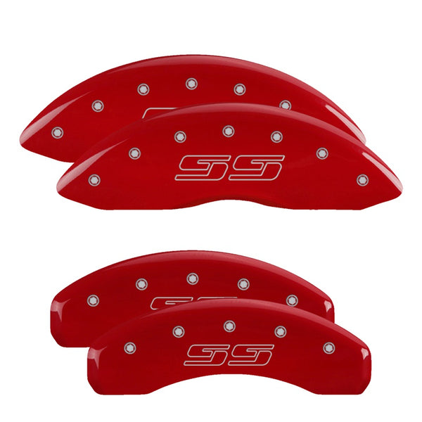 MGP 4 Caliper Covers Engraved Front &amp; Rear Avalanche style/SS Red finish silver ch - 14004SSS1RD