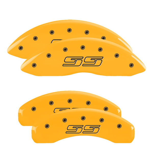 MGP 4 Caliper Covers Engraved Front &amp; Rear Avalanche style/SS Yellow finish black ch - 14004SSS1YL
