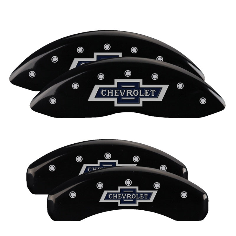 MGP 4 Caliper Covers Engraved Front &amp; Rear Chevrolet 100 Anniversary Logo Black Finish Silver Charac - 14005SBANBK
