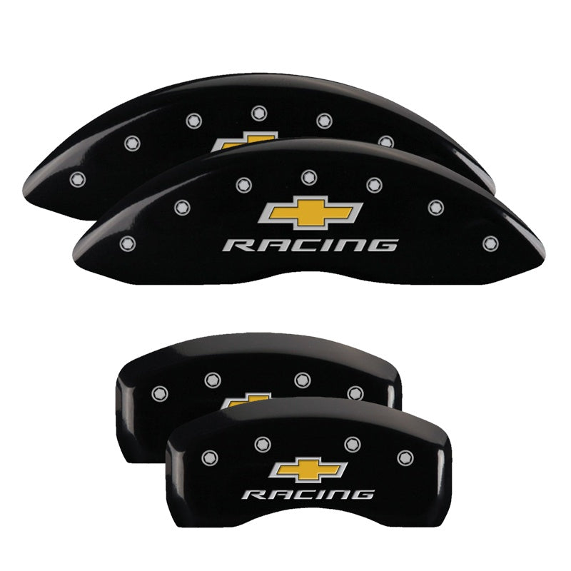 MGP 4 Caliper Covers Engraved Front &amp; Rear Chevy racing Black finish silver ch - 14006SBRCBK
