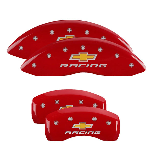 MGP 4 Caliper Covers Engraved Front &amp; Rear Chevy racing Red finish silver ch - 14006SBRCRD