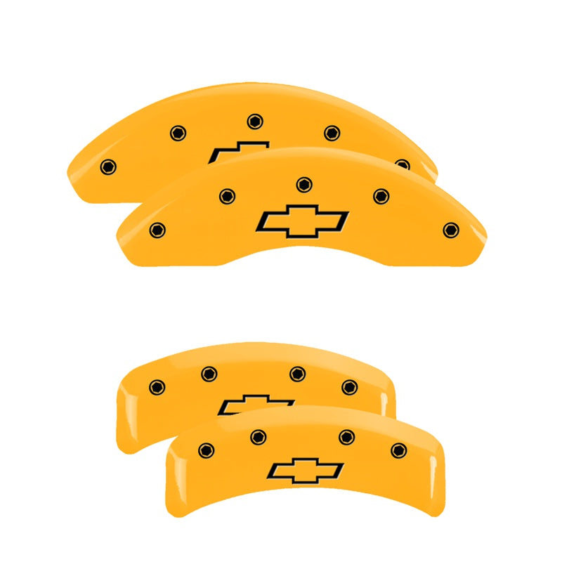 MGP 4 Caliper Covers Engraved Front &amp; Rear Bowtie Yellow Finish Black Char 1997 Chevrolet Camaro - 14026SBOWYL