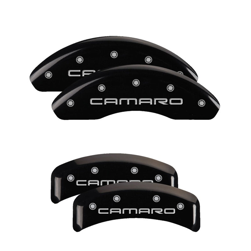 MGP 4 Caliper Covers Engraved Front &amp; Rear Gen 4/Camaro Black finish silver ch - 14026SCA4BK