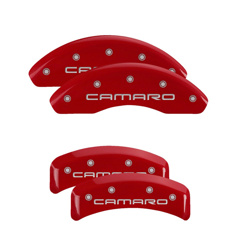 MGP 4 Caliper Covers Engraved Front &amp; Rear Gen 4/Camaro Red finish silver ch - 14026SCA4RD
