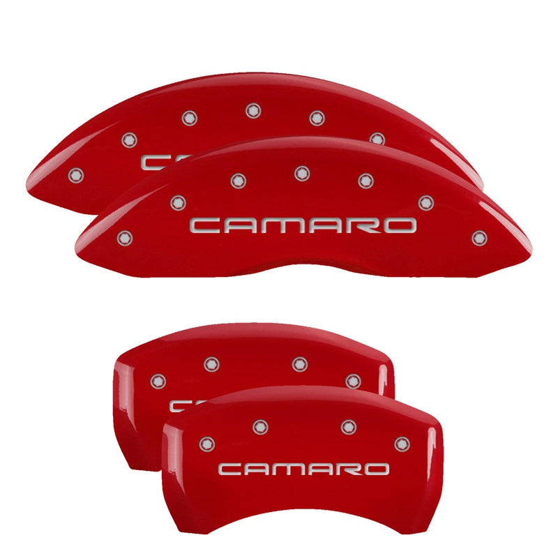 MGP 4 Caliper Covers Engraved Front &amp; Rear Gen 4/Camaro Red finish silver ch - 14027SCA4RD