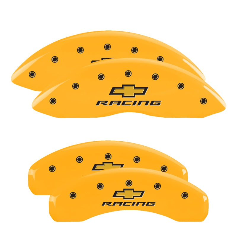 MGP 4 Caliper Covers Engraved Front &amp; Rear Chevy racing Yellow finish black ch - 14033SBRCYL