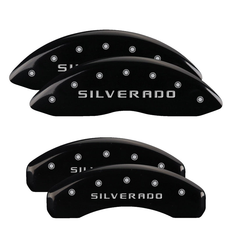 MGP 4 Caliper Covers Engraved Front &amp; Rear Silverado Black finish silver ch - 14034SSILBK