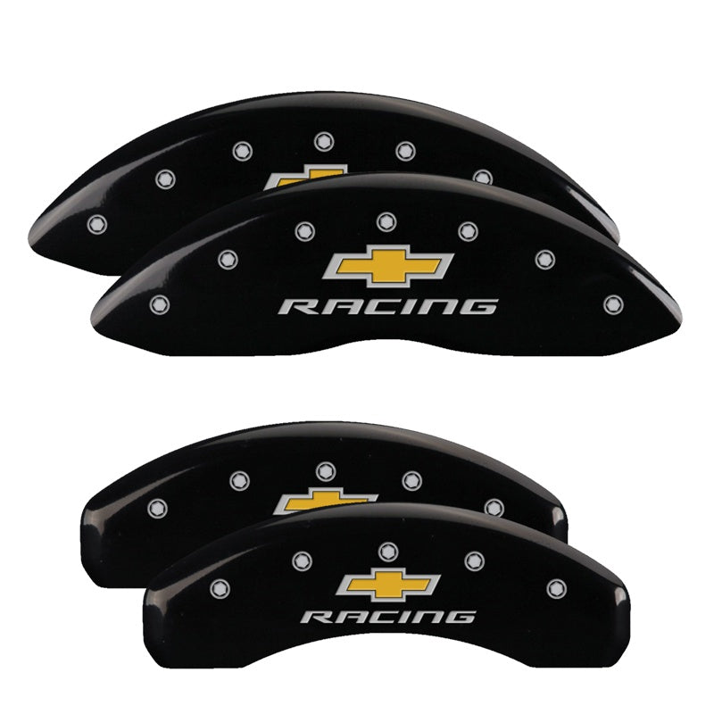 MGP 4 Caliper Covers Engraved F &amp; R Chevy Racing Black Finish Silver Char 2012 Chevrolet Camaro - 14036SBRCBK