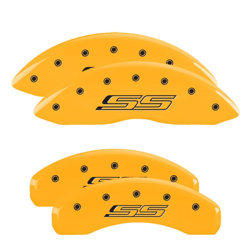 MGP 4 Caliper Covers Engraved Front &amp; Rear Gen 5/SS Yellow finish black ch - 14036SSS5YL