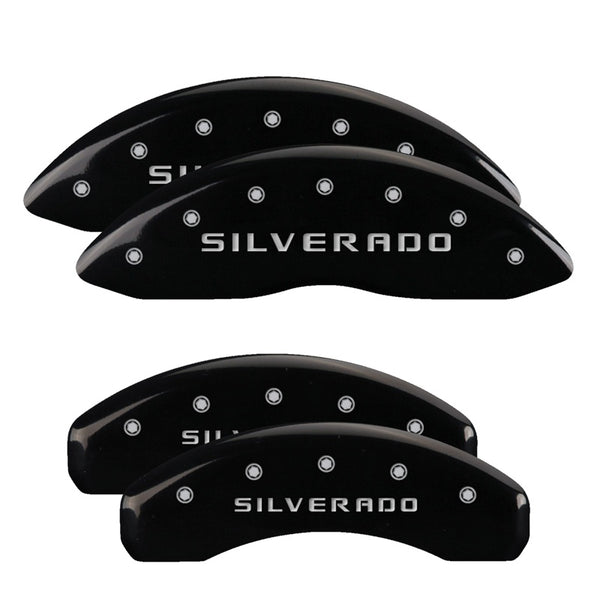 MGP 4 Caliper Covers Engraved Front &amp; Rear Silverado Black finish silver ch - 14048SSILBK