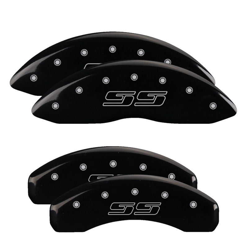 MGP 4 Caliper Covers Engraved Front &amp; Rear Avalanche style/SS Black finish silver ch - 14048SSS1BK