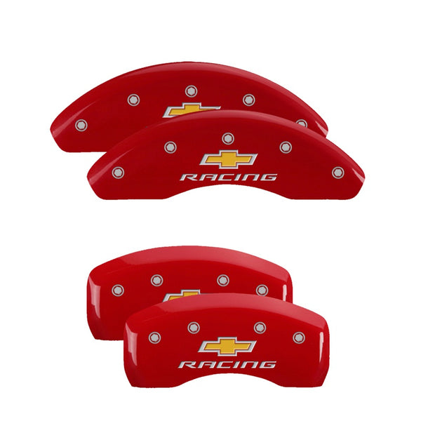 MGP 4 Caliper Covers Engraved Front &amp; Rear Chevy racing Red finish silver ch - 14050SBRCRD